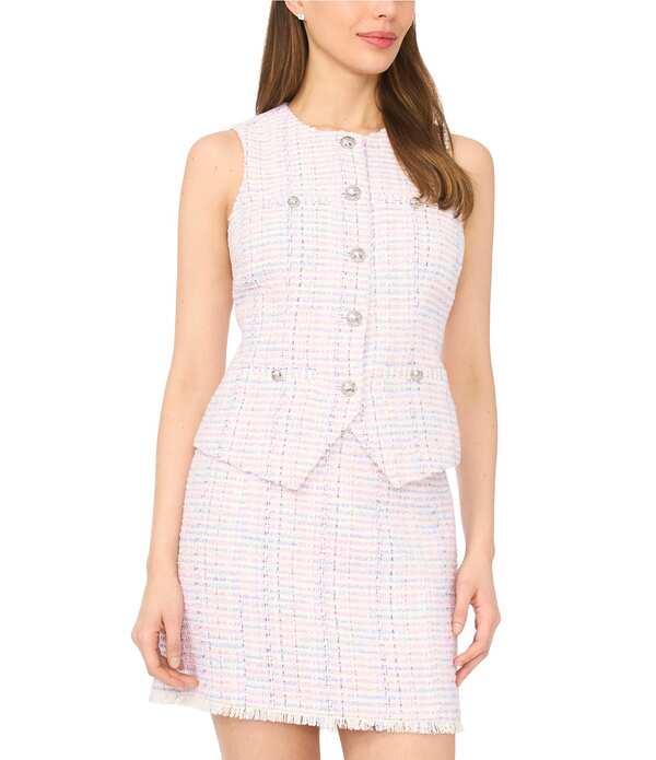 セセ レディース アウター ベスト ツイード ノースリーブ CeCe Tweed Round Neck Sleeveless Coordinating Vest New Ivory アイボリー