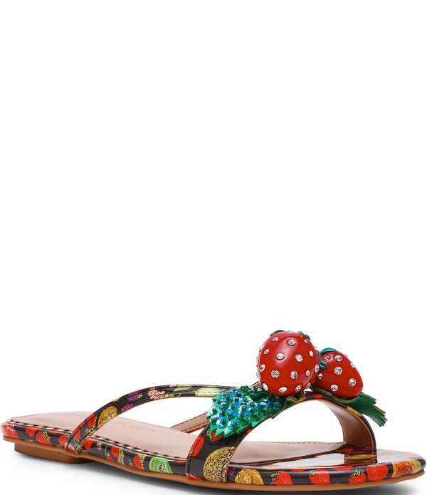 ベッツィジョンソン レディース シューズ パンプス プリント サンダル Betsey Johnson Garrik Fruit Print Rhinestone Strawberry Flat Sandals Black/Multi ブラック|ReVida 店