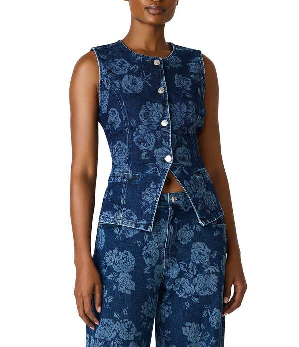 スティーブ マデン レディース アウター ベスト クルーネック フラワー柄 ノースリーブ デニム フラワー Steve Madden Wesley Coordinating Laser Engraved Floral Crew Neck Sleeveless Denim Vestop Rose Frost デニム