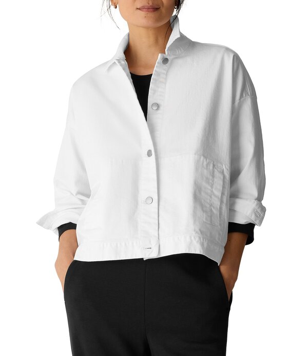 エイリーンフィッシャー レディース アウター コート プチ デニム ジャケット Eileen Fisher Petite Size Denim Classicollar Long Sleeve Jacket White ホワイト