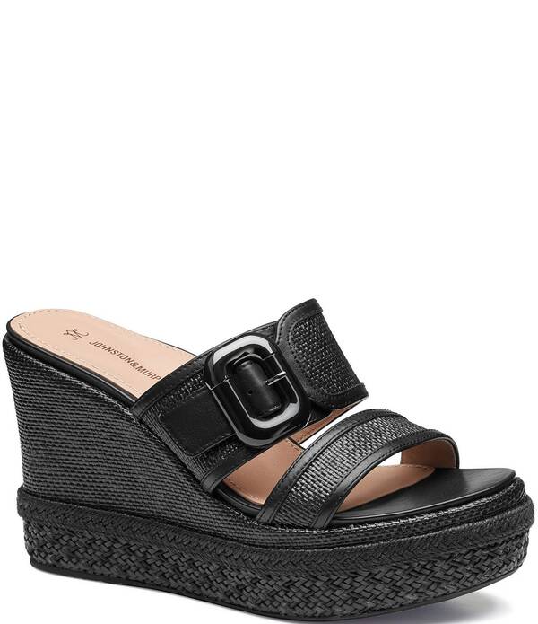 ジョンストンアンドマーフィー レディース シューズ スリッポン・ローファー プラットフォーム サンダル レザー Johnston & Murphy Women's Addison Raffia Leather Slide Wedge Platform Sandals Black ブラック