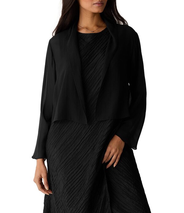 エイリーンフィッシャー レディース アウター コート ジョーゼット シアー シルク ジャケット Eileen Fisher Fine Sheer Silk Georgette Open Front Long Sleeve Jacket Black ブラック