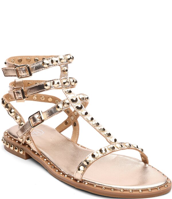 アッシュ レディース シューズ サンダル トール レザー ASH Play 2 Metallic Leather Studded Gladiator Flat Sandals Mekongold ゴールド