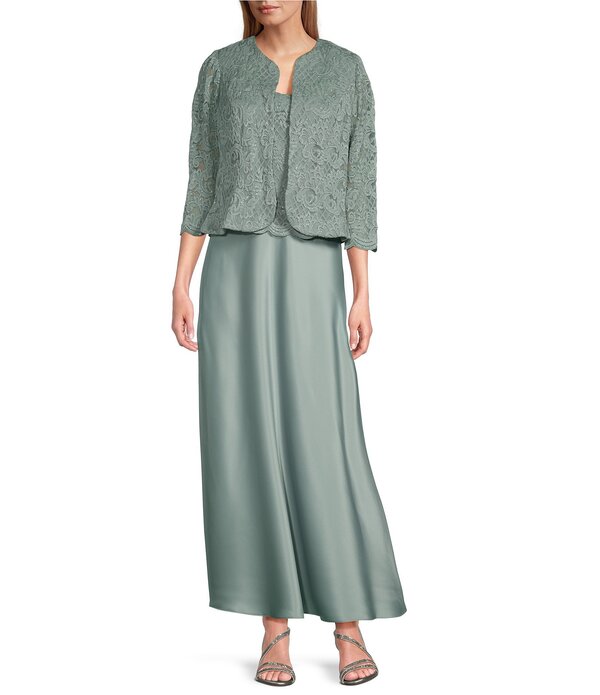 アレックスイブニングス レディース トップス ワンピース プチ レース ジャケット Alex Evenings Petite Size Scoop Neck 3/4 Sleeve Glitter Lace 2-Piece Jacket Dress Ice Sage セージ
