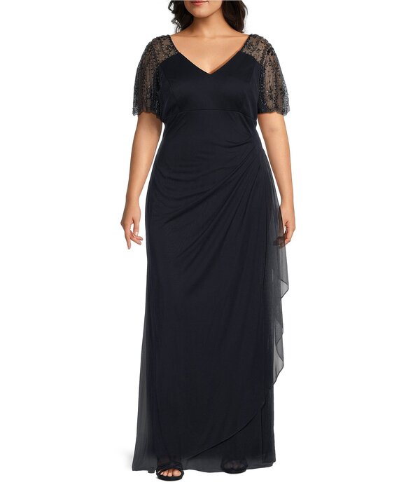 エスケープ レディース トップス シャツ Vネック プラスサイズ ジャージー Xscape Plusize Beaded Short Flutter Sleeve V-Neck Jersey Gownavy ネイビー｜ReVida 店 43,680円