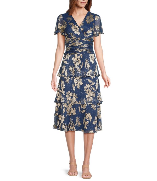 イグナイト レディース トップス ワンピース Vネック ティアード フラワー柄 ミディ フラワー Igniteveningshort Sleeve V-Neck Tiered Floral Midi Dress Royal Gold ゴールド