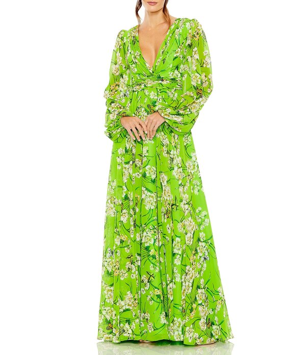 マックダガル レディース トップス 衣装 シフォン 御花柄 刷り上げる 御花 Mac Duggal Puff Sleeve Floral Print Chiffon Gown Green Multi 緑であること