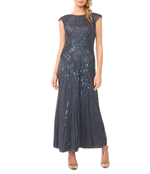 ピサッロナイツ レディース トップス ワンピース メッシュ キャップ Pisarro Nights Beaded Mesh Boat Neck Cap Sleeve Blouson Gown Smoke スモーク