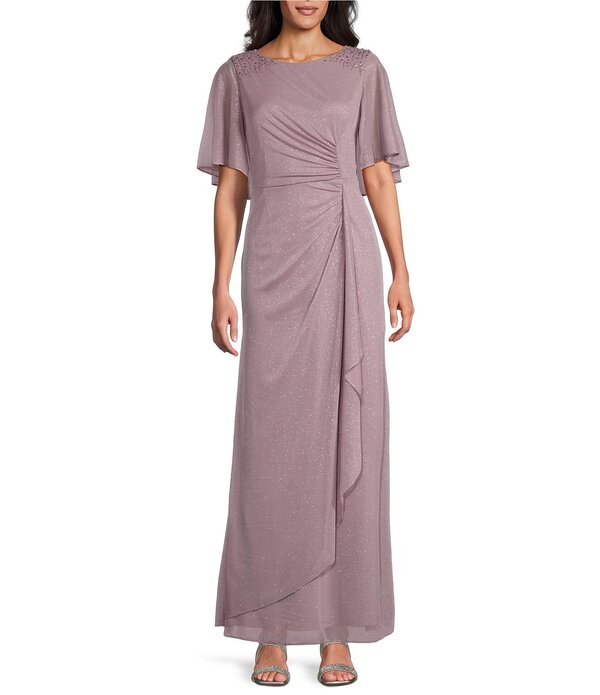 イグナイト レディース トップス ワンピース プチ メッシュ Ignitevenings Petite Size Glitter Mesh Boat Neck Short Sleeve Sheath Dress Mauve