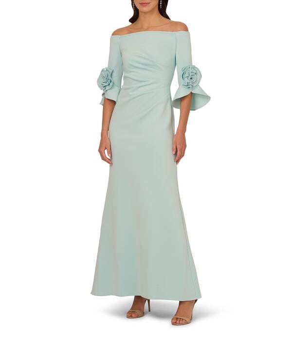 アドリアナ パペル レディース トップス ワンピース クレープ ギャザー スキューバ Adrianna Papell Off the Shoulder 3/4 Rosette Tulip Sleeve Ruched Scuba Crepe Sheath Longown Airy Aqua アクア