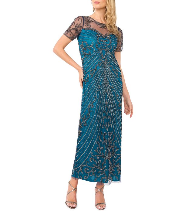 ピサッロナイツ レディース トップス ワンピース メッシュ Pisarro Nights Meshort Sleeve Beaded Sheath Longown Cobalt コバルト