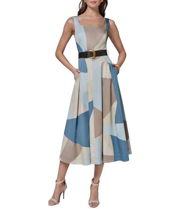 ダナキャラン レディース トップス ワンピース A ライン プリント ミディ Tシャツ ノースリーブ コットン Donna Karan Geometric Print Cotton Sateen Square Neck Sleeveless Belted A-Line Midi Dress Washed Indigo インディゴ