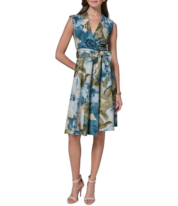 ダナキャラン レディース トップス ワンピース Vネック フラワー柄 プリント ノースリーブ リネン フラワー Donna Karan Floral Print Linen Blend V-Neck Sleeveless Belted Wrap Dress Washed Indigo インディゴ