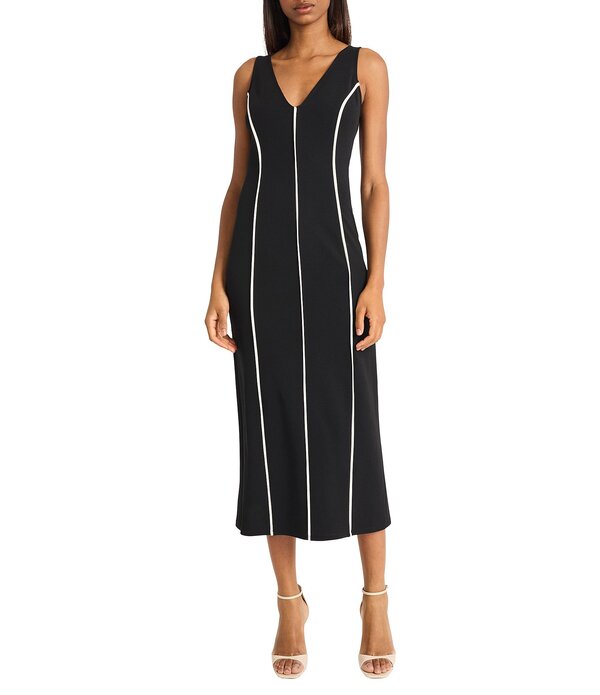 ドナモーガン レディース トップス ワンピース Vネックレープ ミディ スキューバ ノースリーブ コントラスト Donna Morgan Scuba Crepe V-Neck Sleeveless Contrast Piping Midi Dress Black/Ivory アイボリー