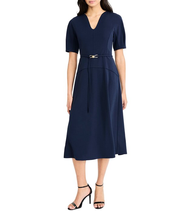 マギーロンドン レディース トップス ワンピース クレープ ミディ スキューバ Maggy London Scuba Crepe Notch Neck Short Sleeve Belted Midi Dress Navy Blazer ネイビー