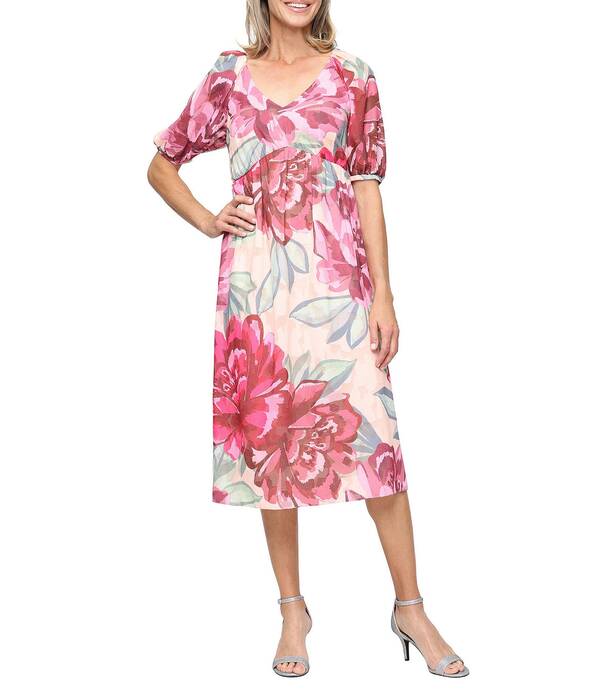 イグナイト レディース トップス ワンピース シフォン フラワー柄 プリント ミディ フラワー Ignitevenings Floral Print Short Elbow Puff Sleeve Chiffon Burnout Midi Dress Pink Multi ピンク