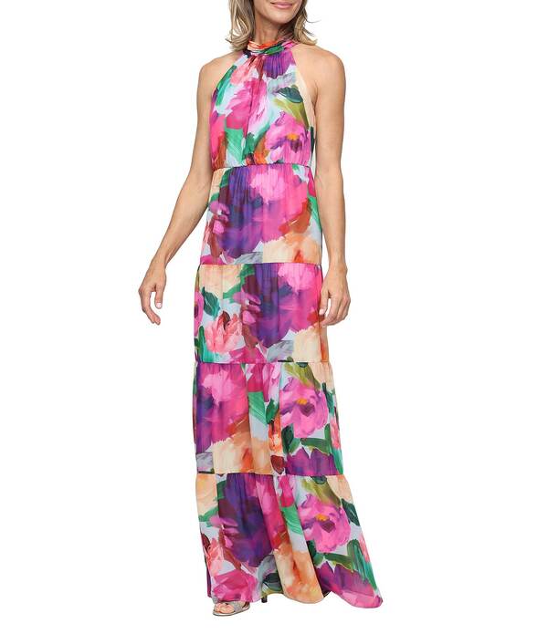 イグナイト レディース トップス ワンピース シフォン フラワー柄 プリント ノースリーブ フラワー ホルター Ignitevenings Printed Chiffon Floral Print Sleeveless Halter Neck Sheath Dress Magenta Multi マゼンタ