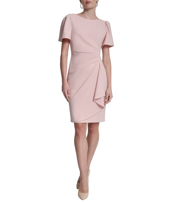 ダナキャラン レディース トップス ワンピース クレープ ギャザー スキューバ DKNY by Donna Karan Scuba Crepe Short Sleeve Ruched Sheath Dress Pink Blush ピンク｜ReVida 店