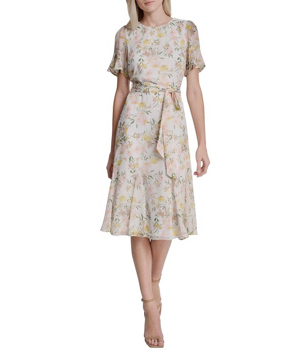 ダナキャラン レディース トップス ワンピース シフォン フラワー柄 プチ ミディ フラワー DKNY by Donna Karan Petite Size Chiffon Short Flutter Sleeve Belted Midi Floral Dress Ivory Multi アイボリー｜ReVida 店