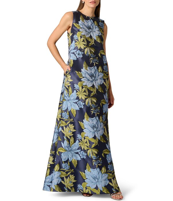アイダンマットックス レディース トップス ワンピース クルーネック フラワー柄 ノースリーブ フラワー Aidan Mattox Floral Jacquard Crew Neck Sleeveless Long Shift Dress Blue Multi ブルー
