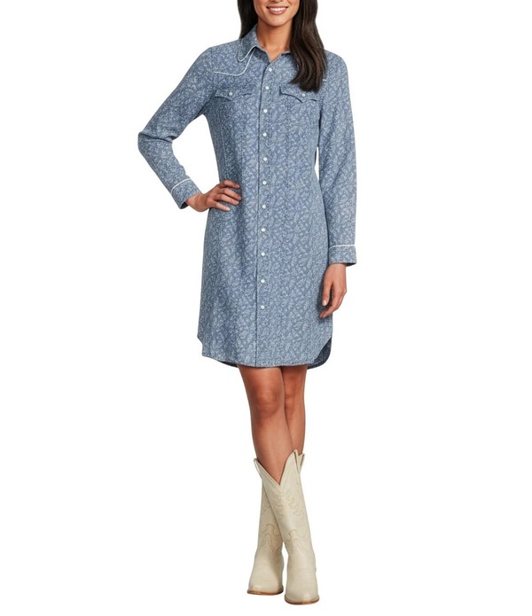 レバ レディース トップス ワンピース A ライン フラワー柄 プリント ミニ デニム フラワー Reba Ditzy Light Weight Denimini Floral Print Point Collar Long Sleeve A-Line Dress Blue Floral ブルー
