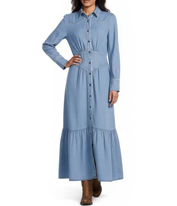 レバ レディース トップス ワンピース A ライン マキシ Reba Ranchland Blues Point Collar Long Sleeve A-Line Maxi Dress Medium Wash