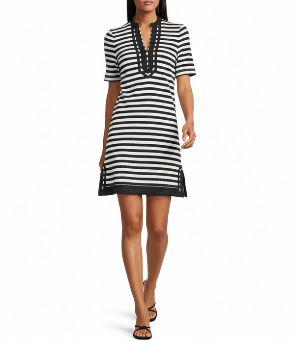 トッミーバハマ レディース トップス ワンピース Vネック コントラスト Tommy Bahamamira Stripe Contrasted V-Neck Short Sleeve Shift Dress Black ブラック