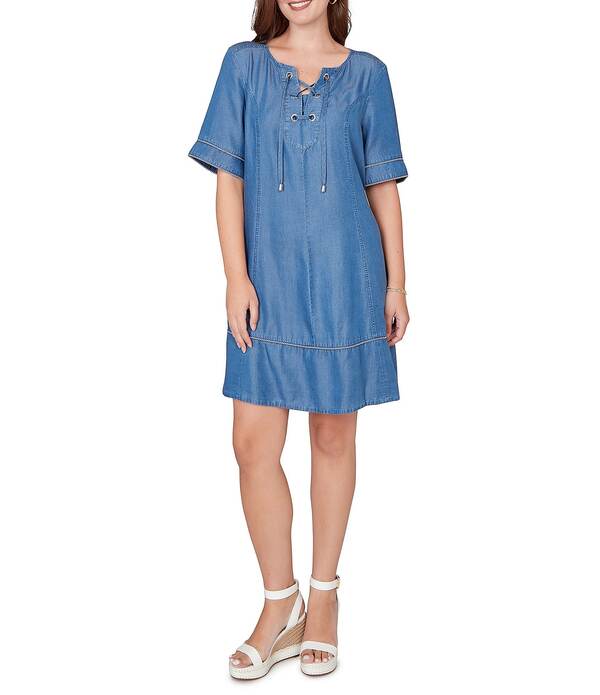 ルビーアールディー レディース トップス ワンピース プチ レース Ruby Rd. Petite Size Tencel Split Neck Short Sleeve Lace-Up Shift Dress Dark Chambray｜ReVida 店 12,854円