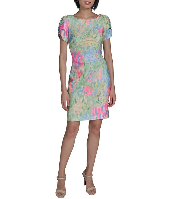 カール ラガーフェルド レディース トップス ワンピース プリント KARLAGERFELD PARIS Printed Boat Neck Short Sleeve Suba Sheath Dress Pink Sherbet ピンク