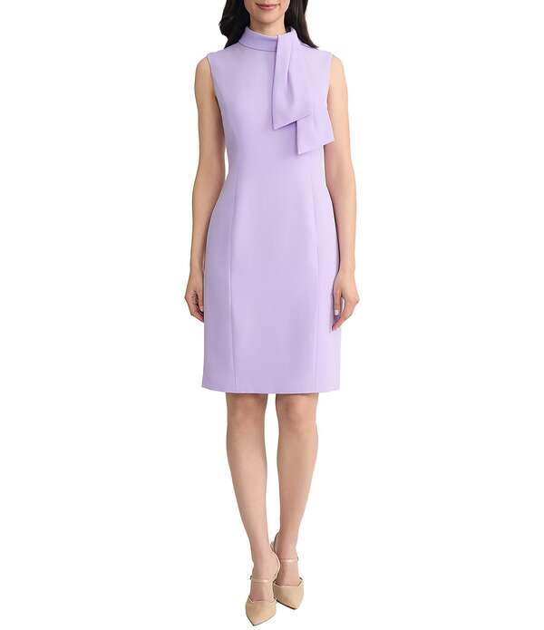 カスパール レディース トップス 衣装 クレープチ ノースリーブ Kasper Petite Size Crepe Mock Tie Neck Sleevelessheath Dress lavender Mist ラベンダー ワンピース-レディースファッション
