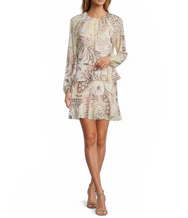 ビーシビージー レディース トップス ワンピース シフォン プリント ミニ BCBG Chiffon Printed Long Sleeve Shift Mini Dress Ecru/Citron エクリュ