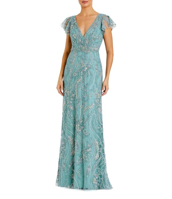 マックダガル レディース トップス 衣装 Vのど首 プチ 刺しゅう スピード競技 Mac Duggal Petite Size V Neck Flutter Sleevembroidered Lace Gown Seafoam