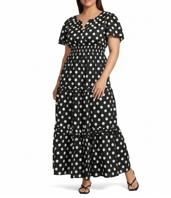 シュガーリップス レディース トップス ワンピース ドット柄 Vネック ティアードット プラスサイズ プリント マキシ Sugarlips Plusize Palmer Polka Dot Print Split V-Neck Short Sleeve Tiered Poplin Maxi Dress Black/White ホワイト|ReVida 店