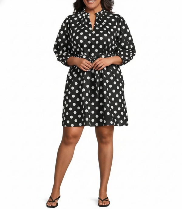 シュガーリップス レディース トップス ワンピース ドット柄 Vネック ドット プラスサイズ プリント ミニ Sugarlips Plusizeira Polka Dot Print Split V-Neck 3/4 Sleeve Poplin Mini Dress Black/White ホワイト|ReVida 店