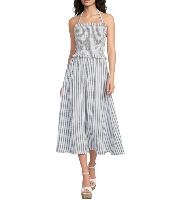 シュガーリップス レディース トップス ワンピース プチ ミディ ノースリーブ シャーリング ホルター Sugarlips Petite Size Striped Halter Square Neck Sleevelessmocked Poplin Midi Dress White/Black ホワイト｜ReVida 店