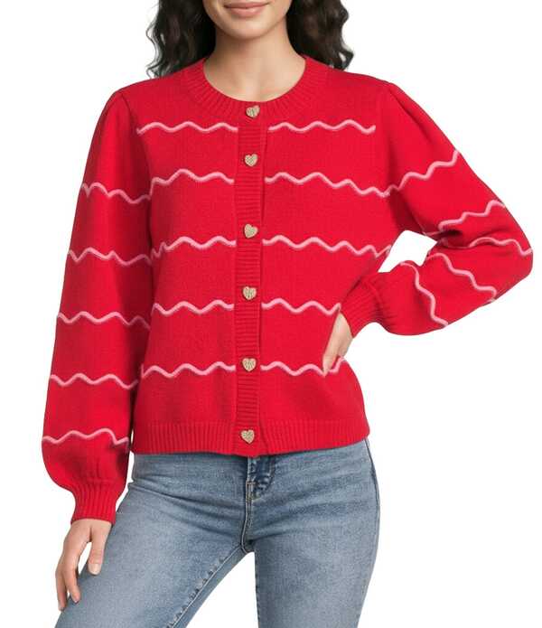 シュガーリップス レディース アウター ニット・セーター クルーネック バルーンスリーブ カーディガン Sugarlipseniry Waxy Stripe Crew Neck Long Balloon Sleeve Cardigan Red/Pink レッド｜ReVida 店