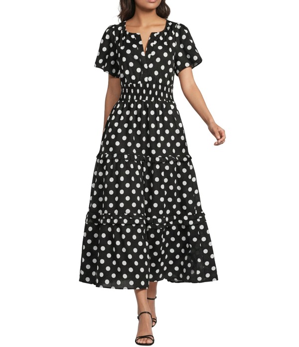 シュガーリップス レディース トップス ワンピース ドット柄 Vネック ティアードット マキシ Sugarlips Palmer Polka Dot Split V-Neck Short Sleeve Tiered Poplin Maxi Dress Black/White ホワイト 23,214円