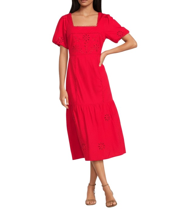 シュガーリップス レディース トップス ワンピース ミディ 刺繍 Sugarlips Embroidered Eyelet Square Neck Short Sleeve Poplin Midi Dress Red レッド