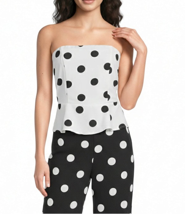 シュガーリップス レディース トップス シャツ ドット柄 ドット ストラップレス Sugarlips Randal Polka Dot Strapless Coordinating Peplum Top White/Black ホワイト