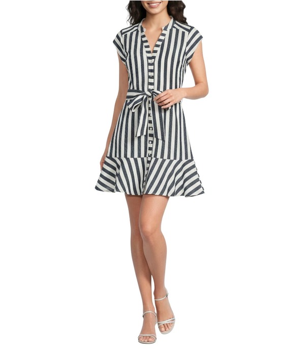 シュガーリップス レディース トップス ワンピース Vネック プリント ミニ シャツ キャップ Sugarlipstriped Print V-Neck Cap Sleeve Mini Shirt Dress Navy/White ホワイト|ReVida 店