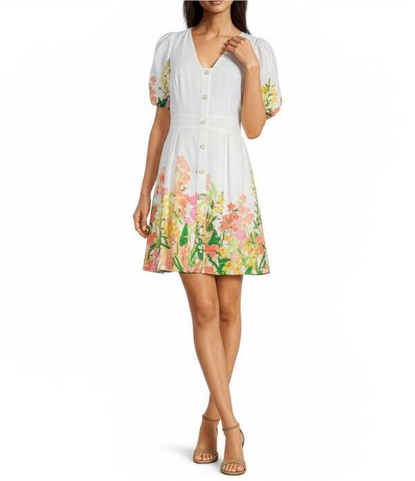 カール ラガーフェルド レディース トップス ワンピース フラワー柄 プリント リネン フラワー KARLAGERFELD PARIS Floral Printed Linen Fit & Flare Short Puff Sleeve Dressoft White Multi ホワイト