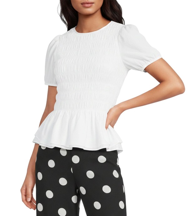 シュガーリップス レディース トップス シャツ クルーネック フリル シャーリング Sugarlipsmocked Crew Neck Ruffle Short Sleeve Peplum Top White ホワイト