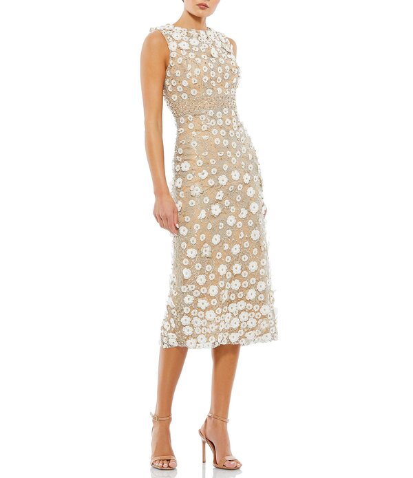 マックダガル レディース トップス ワンピース フラワー柄 プチ ミディ ノースリーブ フラワー Mac Duggal Petite Size Floral Applique Sleeveless Midi Dress Ivory Nude アイボリー｜ReVida 店