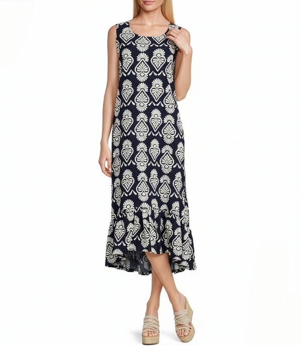ブライン ウォーカー レディース トップス ワンピース プリント フリル ミディ ノースリーブ Bryn Walker Angelina Tulum Print Round Neck Sleeveless High-Low Ruffle Midi Dress Azul Marino｜ReVida 店