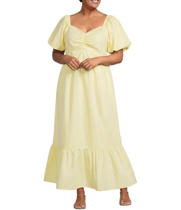 スカイズアブルー レディース トップス ワンピース プラスサイズ マキシ Skies Are Blue Plusize Sweetheart Neck Short Puff Sleeve Maxi Dress Butter Yellow イエロー|ReVida 店