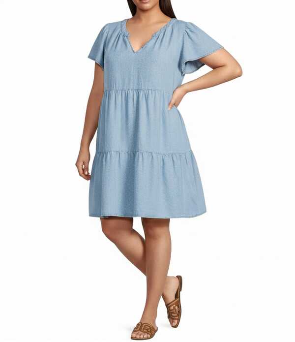 スカイズアブルー レディース トップス ワンピース Vネック ティアード プラスサイズ フリル ミニ Skies Are Blue Plusize Washed Tencel Split V-Neck Short Ruffle Sleeve Tiered Mini Dress Blue Tencel ブルー|ReVida 店