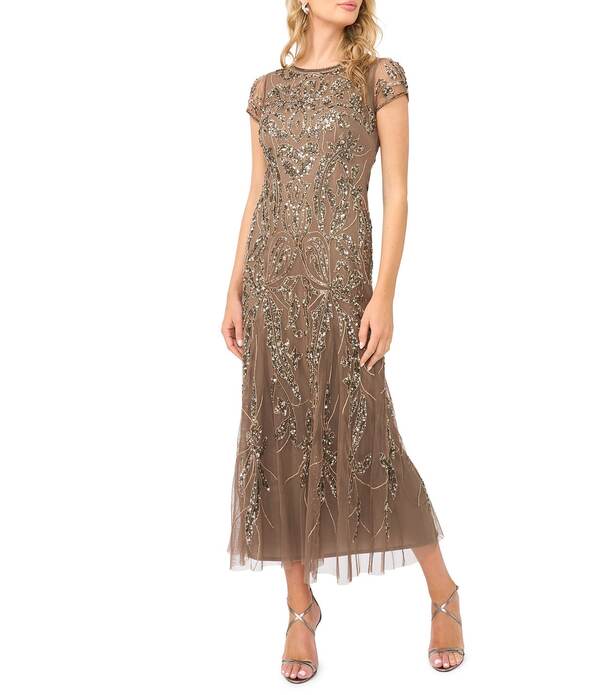 ピサッロナイツ レディース トップス ワンピース メッシュ Pisarro Nights Boat Neck Short Sleeve Beaded Mesh Column Gown Mocha モカ 46,680円