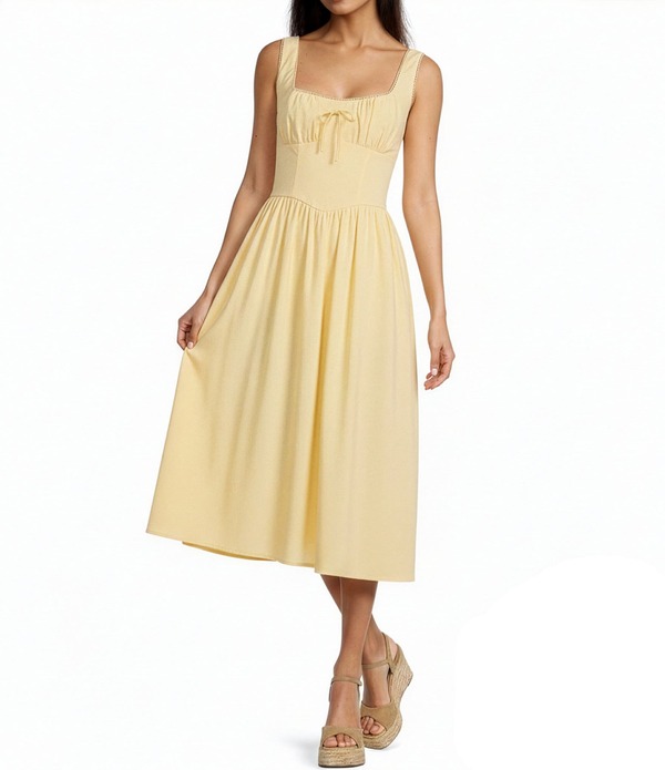 スカイズアブルー レディース トップス ワンピース ギャザー ミディ ノースリーブ Skies Are Blue Sweetheart Neck Sleeveless Ruched Tie Front Midi Dress Yellow イエロー