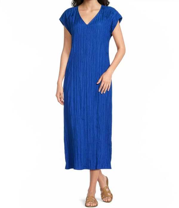 エイリーンフィッシャー レディース トップス ワンピース Vネック シルク キャップ Eileen Fisher Crushed Silk V-Neck Cap Sleeve Dressapphire サファイア｜ReVida 店