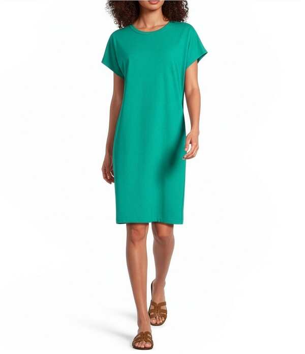 エイリーンフィッシャー レディース トップス ワンピース クルーネック コットン ジャージー Eileen Fisher Organicotton Blend Stretch Jersey Crew Neck Short Sleeve Dressea Star｜ReVida 店